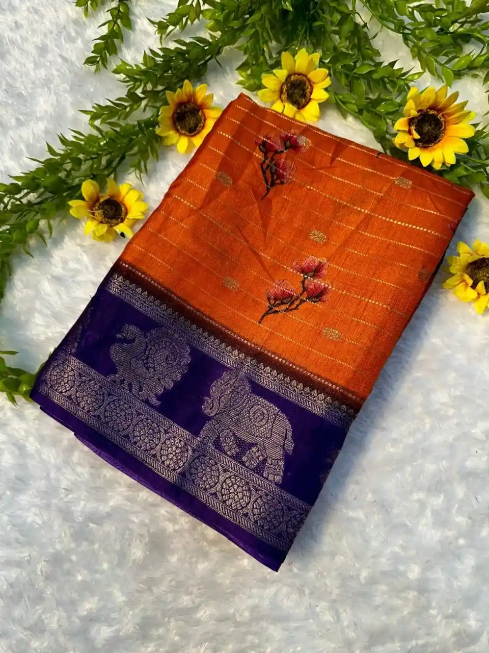 Rust Orange & Royal Purple with Elephant Temple Border and Floral Embroidery Kanchipuram Pure Silk Saree